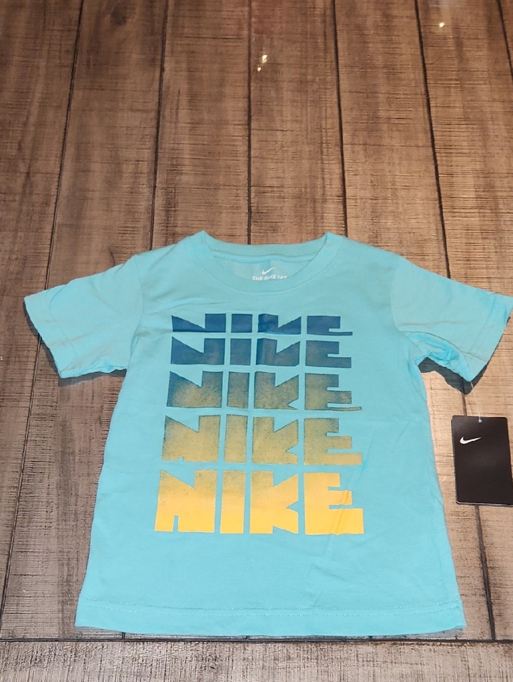 NWT Nike Boys' Aqua Tee with Blue-to-Yellow Gradient Logo